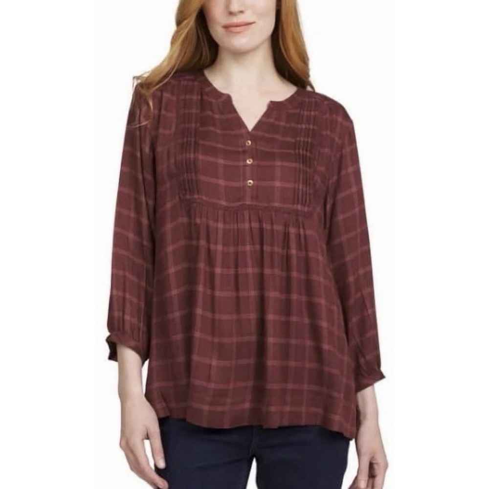Wrangler Blouse Top Sz XXL Babydoll Burgundy‎ Rust Plaid 3/4 Sleeve Western Boho